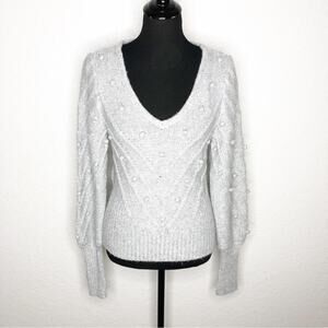 WHBM light gray chevron mixed knit v neck pom pom sweater size Small